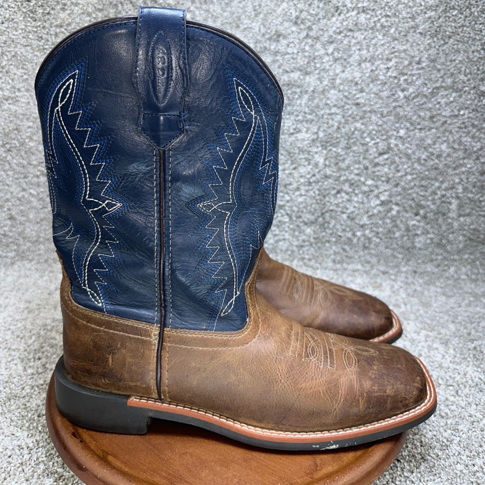 JB Dillon Reserve Men's Leather Cowboy Boots Blue Brown Square Toe Size 5.5M 7W